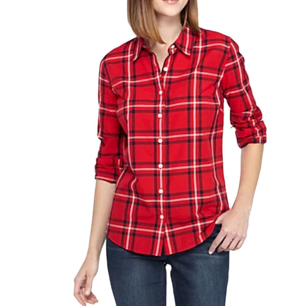 Crown & Ivy Red Plaid Button Down Blouse Medium Long Sleeve Western Preppy New